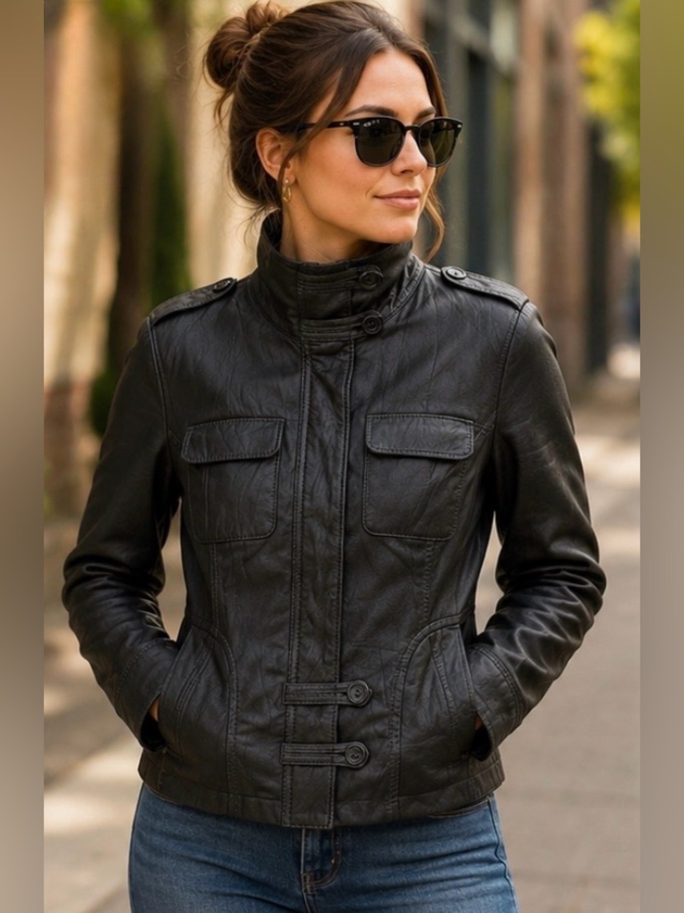 Danier Genuine Black Leather Funnel Neck Jacket – Women’s S/P
